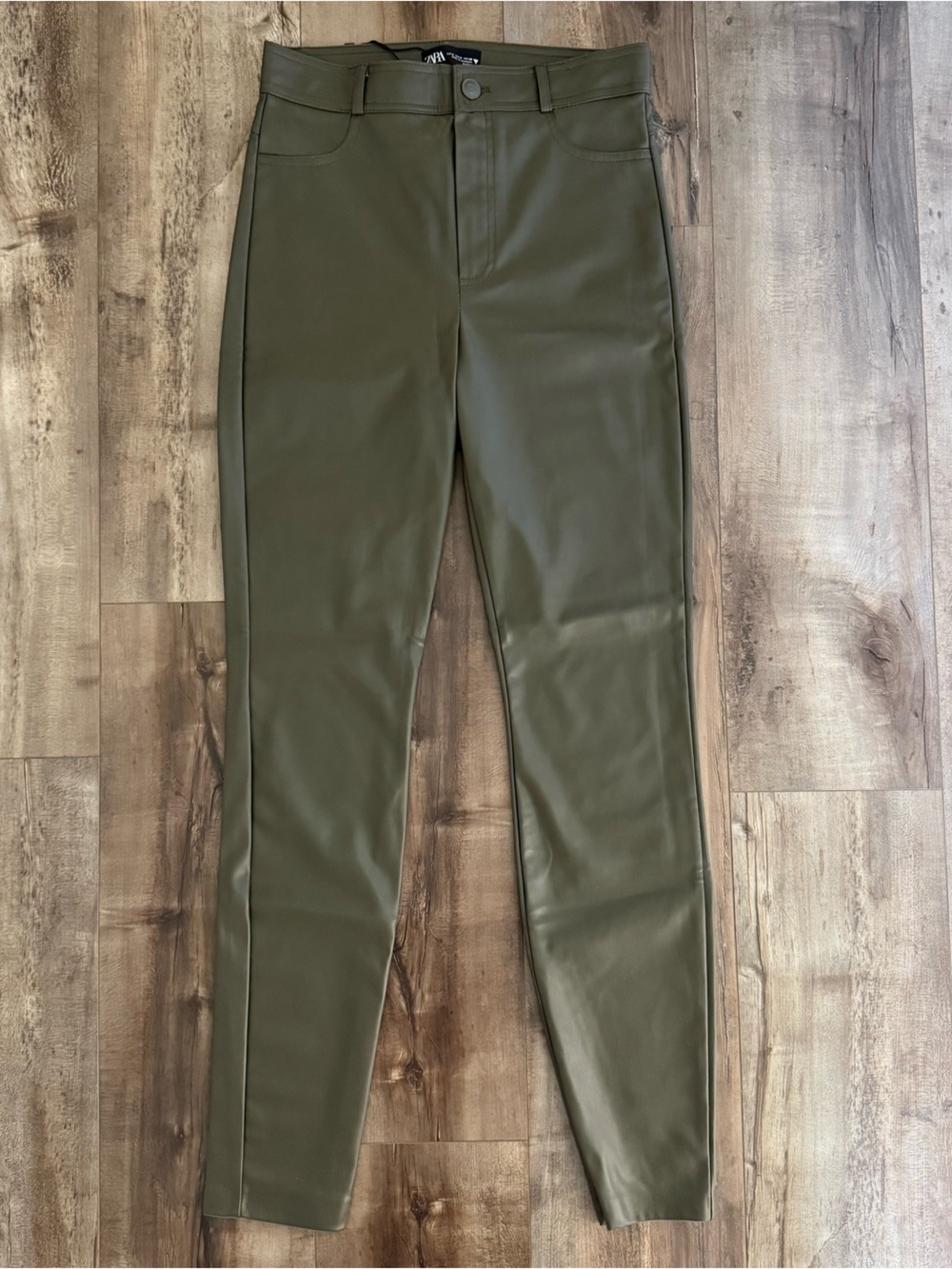 Zara Faux Leather Fleece Lined Ankle Zip Pants in Olive Green
